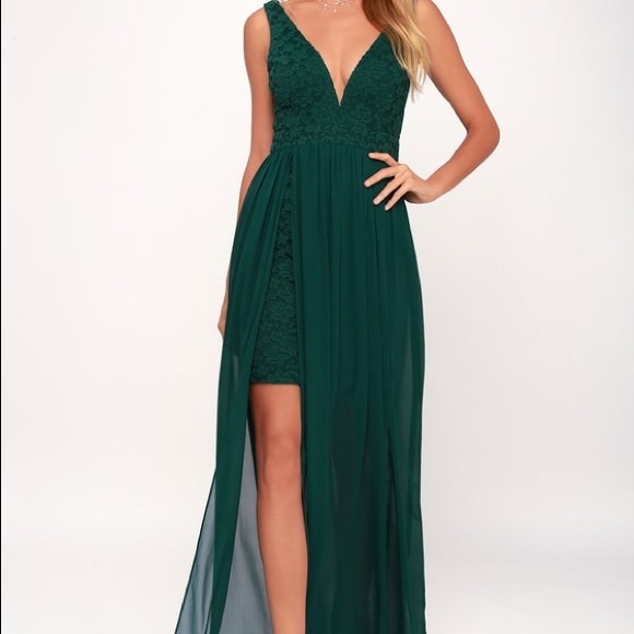Lulus Dresses & Skirts - Lulu’s “Lovely” Green Gown w/ Slit and Lace